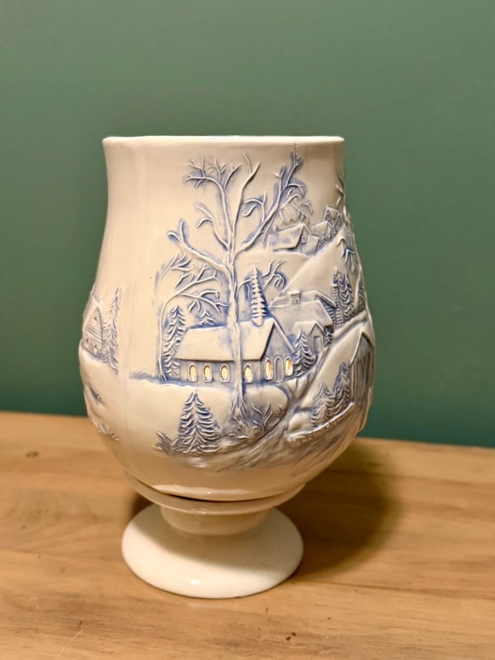 Vintage Ceramic Winter Village Luminary Candle Holder 10” Pedestal - Picture 3 of 12